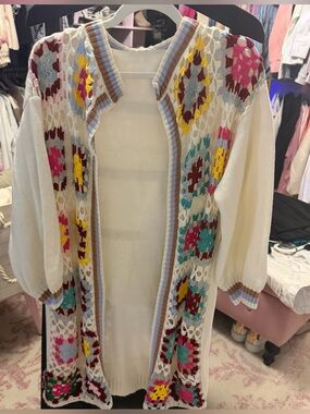 Cream Crochet-Panel Open Cardigan Sweater with Multicolor Accents